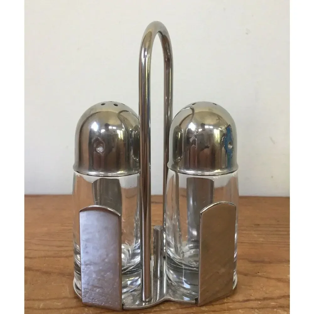 Vintage Art Deco Style Italian Glass Shiny Chrome Salt Pepper Shakers w Stand